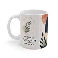 Inspirational Christian Coffee Mug 11oz — "The Lord Is My Shepherd; I Lack Nothing" with Cross & Nature Design