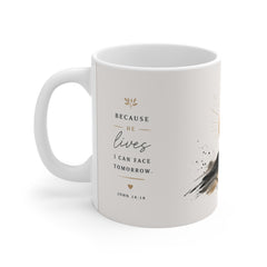 Christian Cross Coffee Mug - "Because He Lives I Can Face Tomorrow" 11oz Inspirational Gift