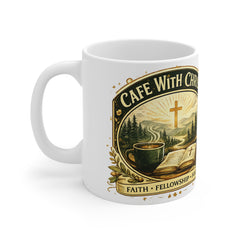 Cafe With Christ 11oz Christian Coffee Mug — Faith, Fellowship & Scripture Design