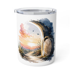 10oz Insulated Coffee Mug — Watercolor Sunrise Doorway Scenic Travel Mug