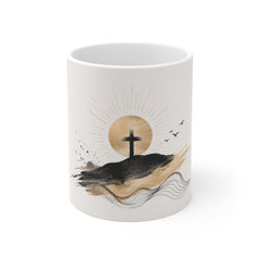 Christian Cross Coffee Mug - "Because He Lives I Can Face Tomorrow" 11oz Inspirational Gift